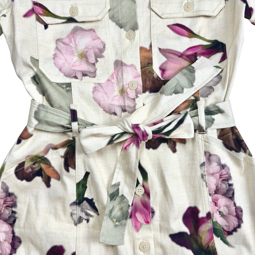 Desigual | Women | Cream Floral Spring Utility Belted Mini Shirt Dress | Medium - Picture 10 of 16